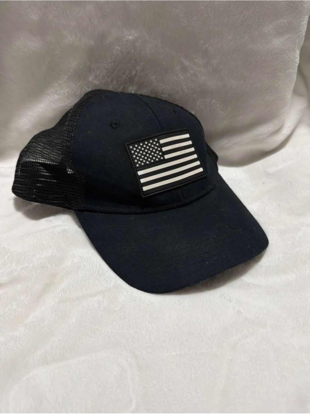 Highland Tactical Black Trucker Cap with Black & White American Flag Patch